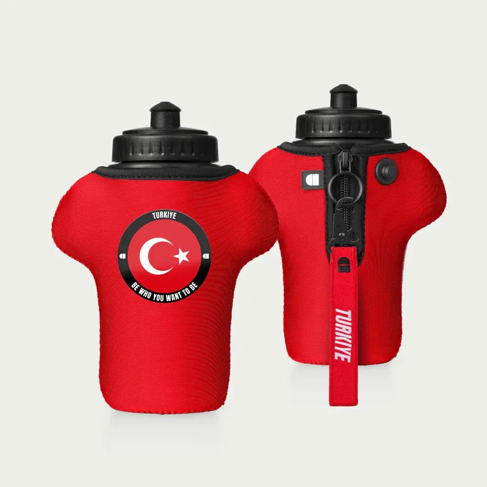 Red water bottles with Turkish flag design and 'TURKİYE' branding on a light gray background
