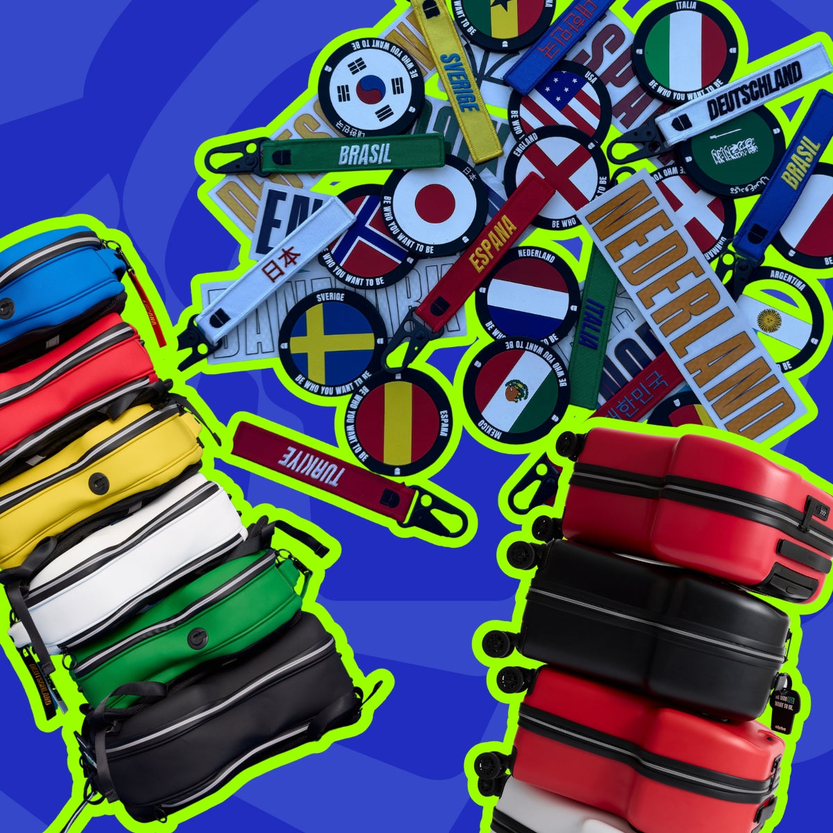 A collage of colorful luggage pieces on a bright blue background, including hard-sided suitcases in red, black, green, white, yellow, and blue, plus matching luggage tags with country names such as Brazil, Germany, Netherlands, and Japan.